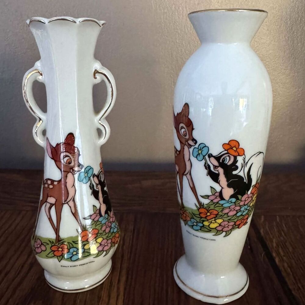 Vintage Disney Bambi Flower Vases Set of 2 Porcelain Ceramic Gold Trim Figurines